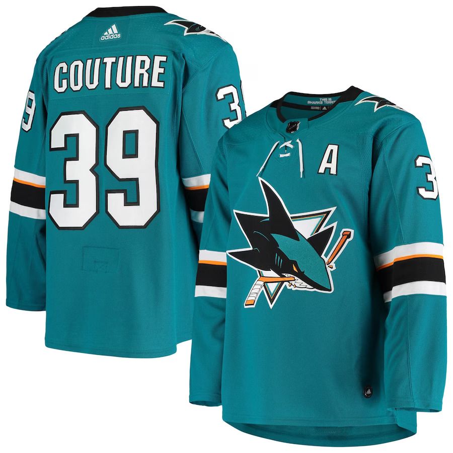 Men San Jose Sharks #39 Logan Couture adidas Teal Home Authentic Alternate Captain Player NHL Jersey